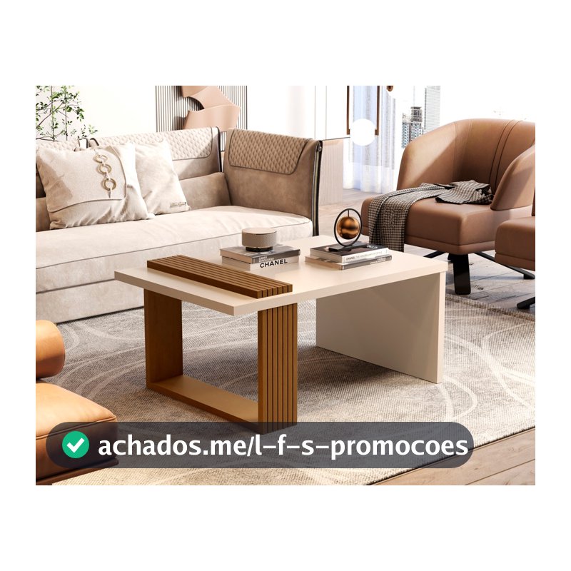 Mesa de Centro Retangular para Sala com Pés Ripados Apoio Lateral Decoração Moderna