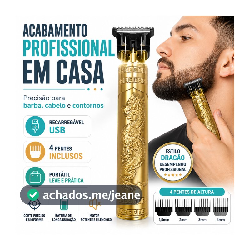 Máquina de Cortar Cabelo e Barba Profissional Recarregável USB Dragão 4 Pentes Lâmina de Aço - CHAI