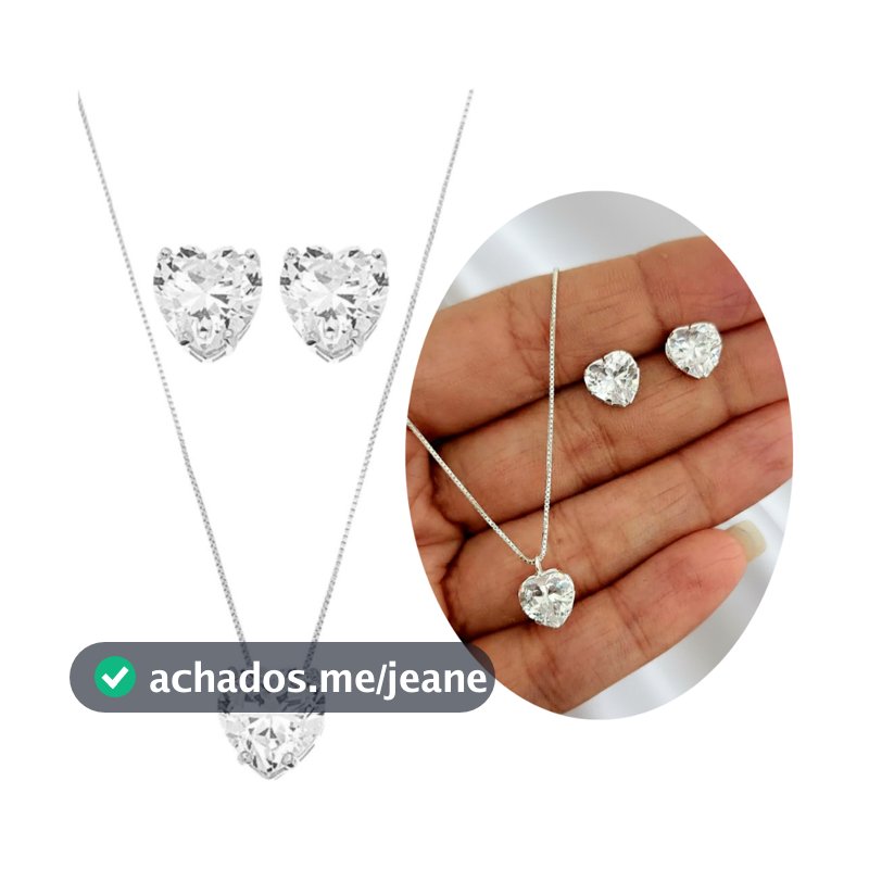Conjunto Colar E Brinco Coração Femino Cravejada Zircônia Cristal Presente Prata 925
