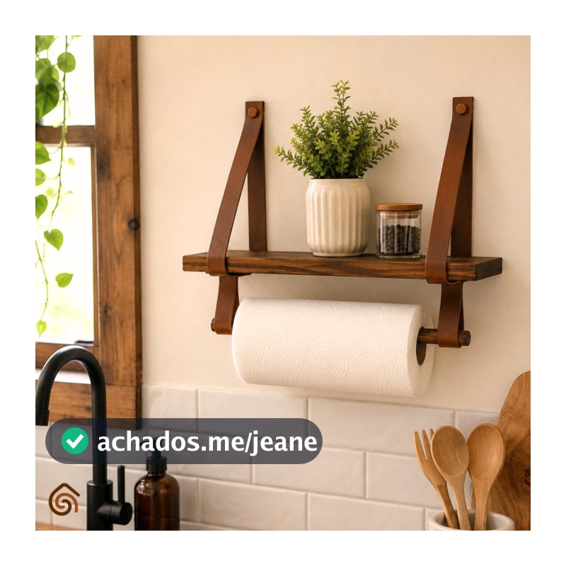 Prateleira de Madeira Envelhecida com Suporte em Couro Decoração Cozinha Rústica | Casa Madêco