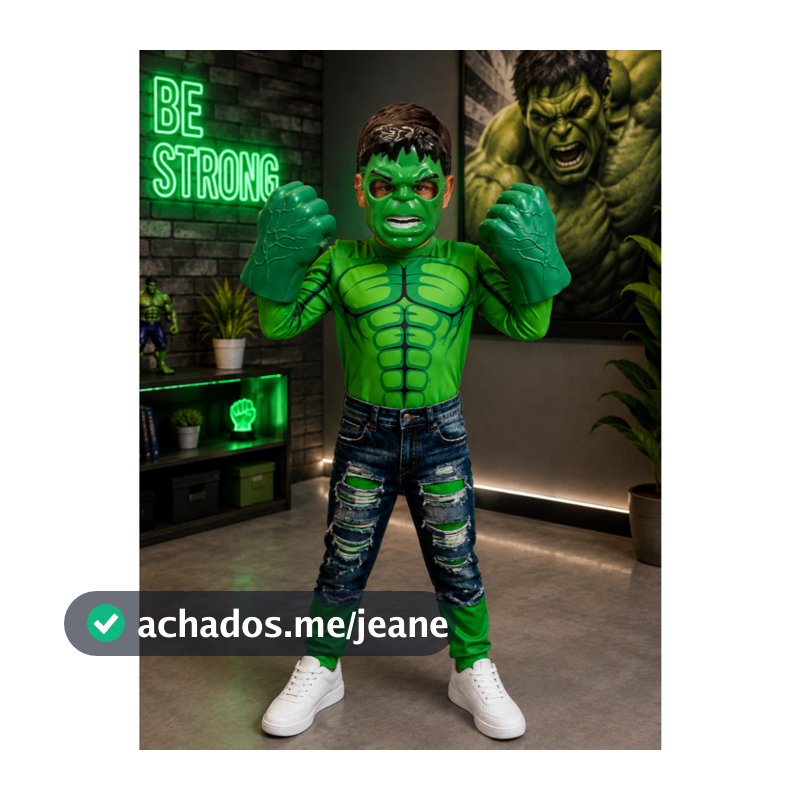 Kit Fantasia Infantil Hulk + Luva + Mascara de Plástico Roupa Macacão Longo C/Enchimento Meninos Diversão