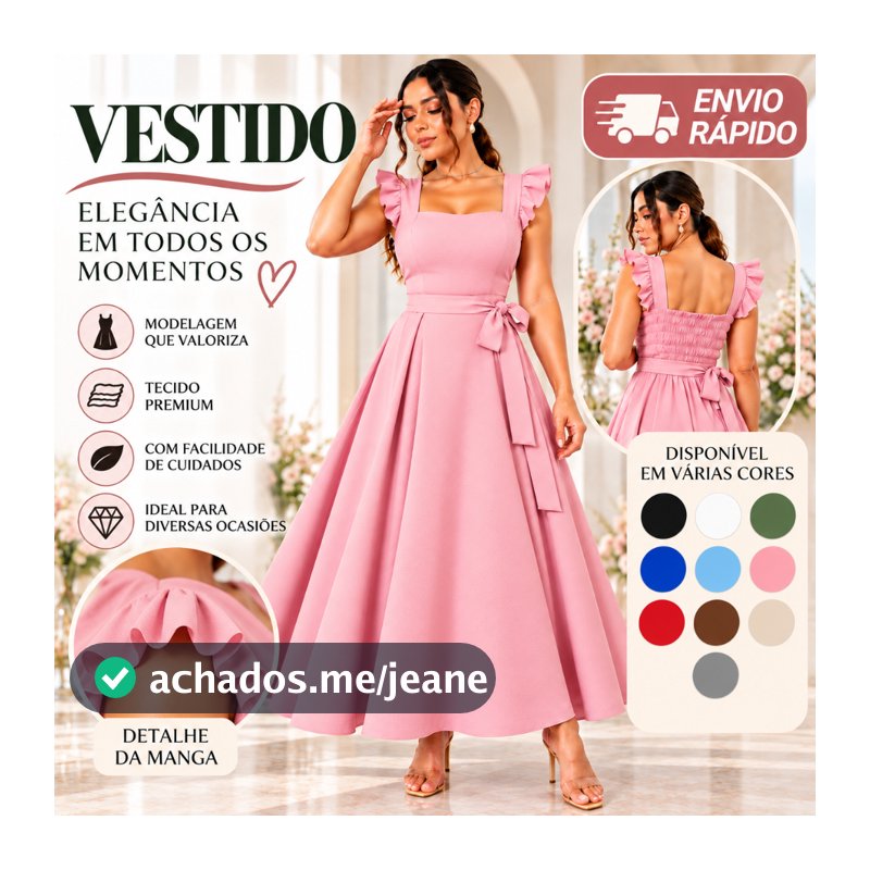 Vestido Feminino Elegante Godê Manga Babado Lastex nas Costas com Laço