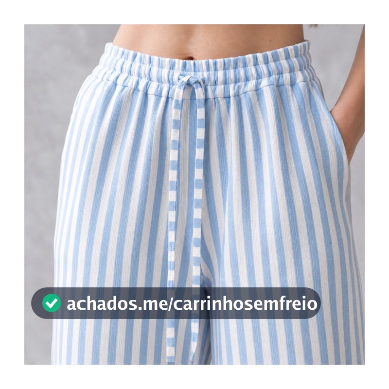Calça Pantalona Feminina Listrada Tecido Duna com Forro Cintura Alta Bolso Casual Elegante