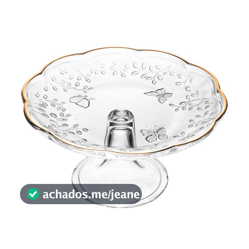 Prato para Bolo com Pé New Butterfly 19cm Fio de Ouro Cristal Ecológico Lyor Doces Bolos Sobremesas Mesas Posta Elegante
