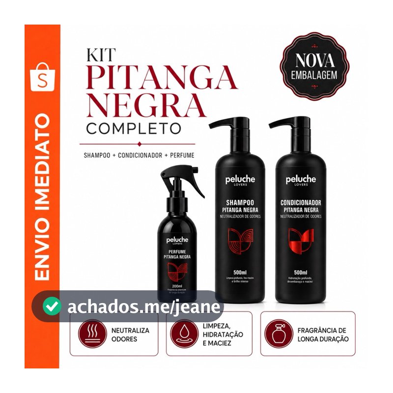 Kit Peluche Premium Shampoo e Condicionador + Perfume Pitanga Negra para Pet Cachorro e Gato