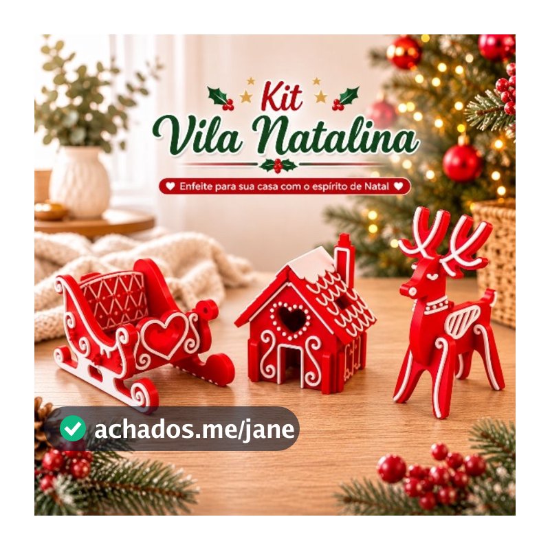 Kit Vila Natalina Decorativa 3 Peças Trenó, Casinha e Rena Enfeite de Natal decoração de casa