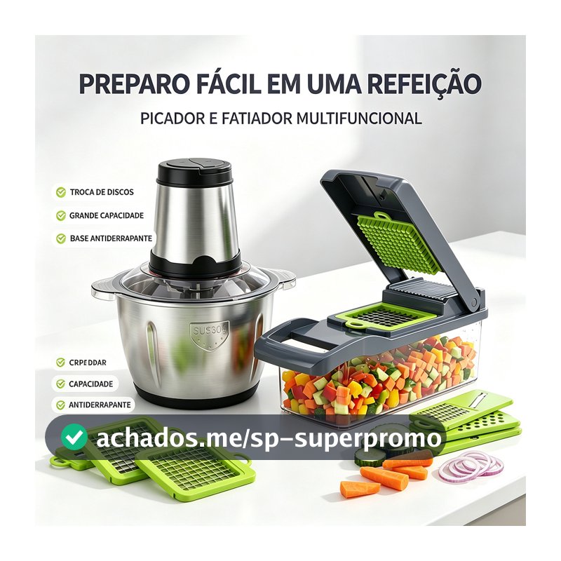 Kit Cortador de Legumes + Triturador de Alimentos 14 em 1 Aço Inox