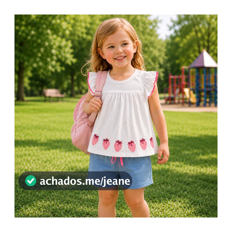 Conjunto Infantil Blusa Meia Malha com Estampa de Morangos e Shorts Moletinho