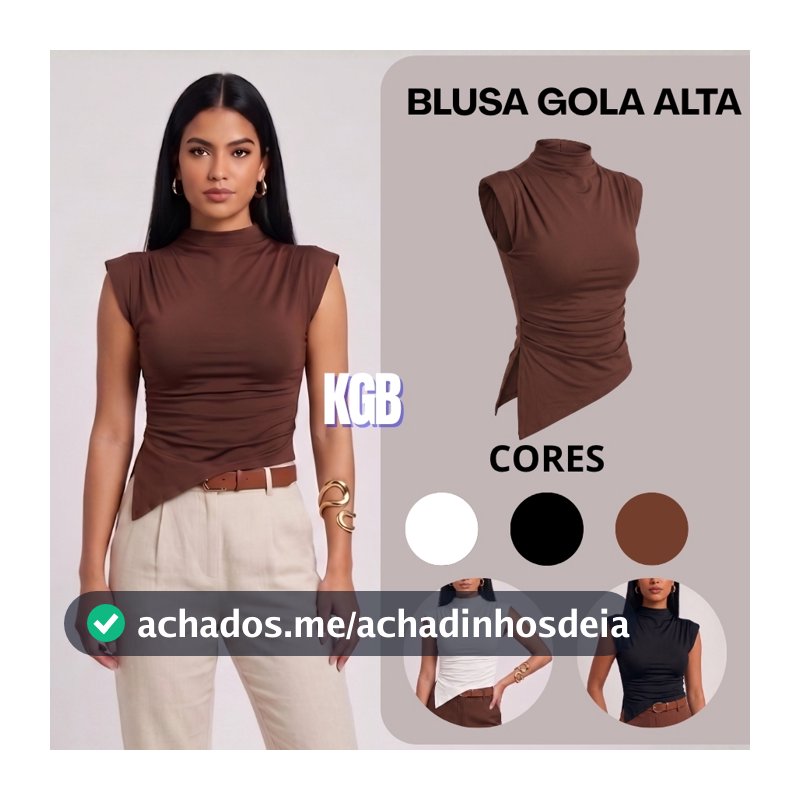 Blusa Gola Alta Básica Assimétrica Regata Manga Curta Dia a Dia Elegante Formal Festas  Casual