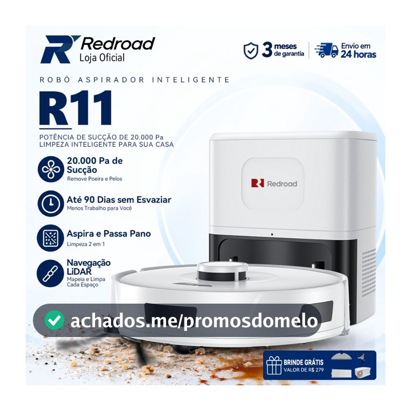 Robô Aspirador Passa Pano Redroad R11 Inteligente 20000Pa Autoesvaziável 3 em 1 App e Voz Silencioso Para Pets 127/220V