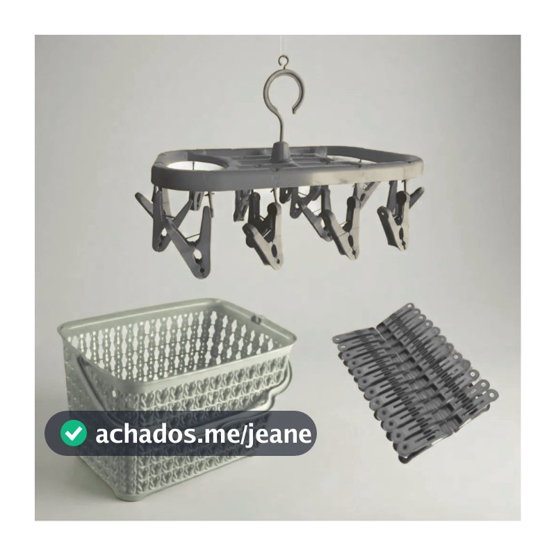Kit Lavanderia Varal Roupas Íntimas PRETO + Cesto Multiuso CINZA + 48 Prendedores PRETO
