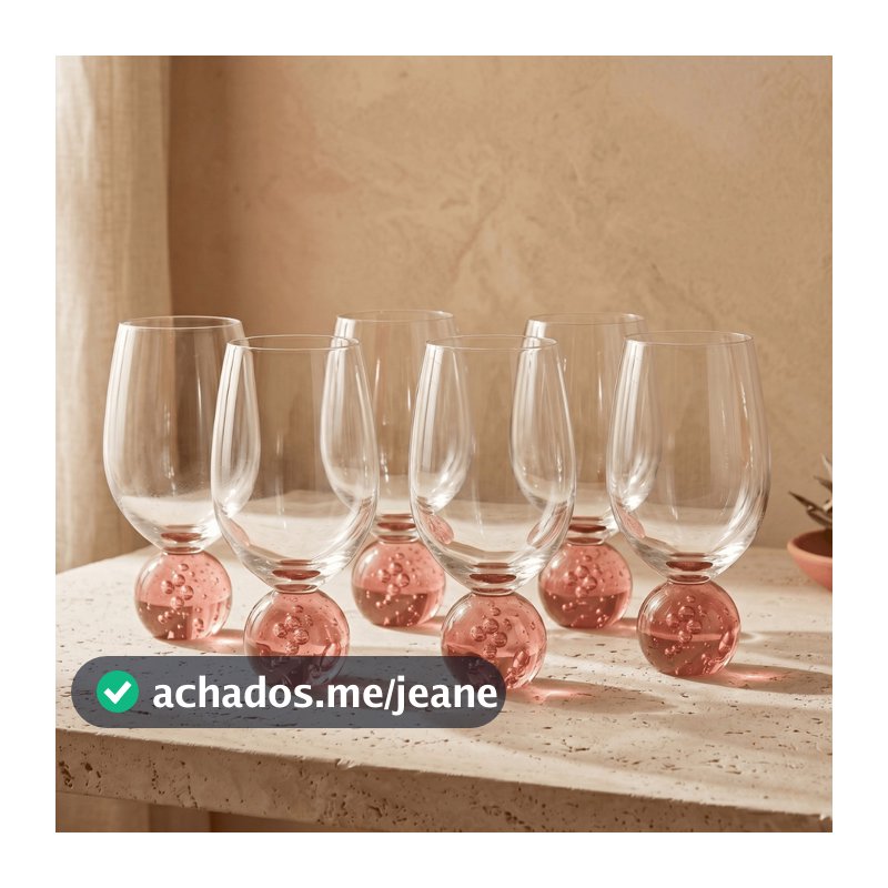 Jogo 6 Tacas Vinho Copo Cristal Bubble 450ml Haste Esfera Bola Colorida Rosa Suave Luxo
