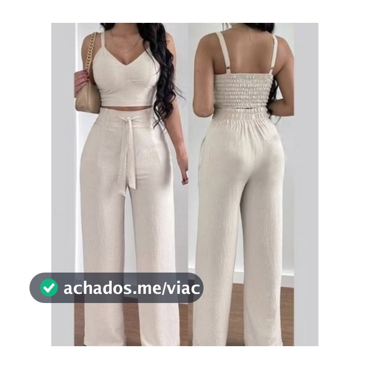 Conjunto Feminino Duna Areia Calça Pantalona e Cropped com Bojo Alça Regulável Alfaiataria