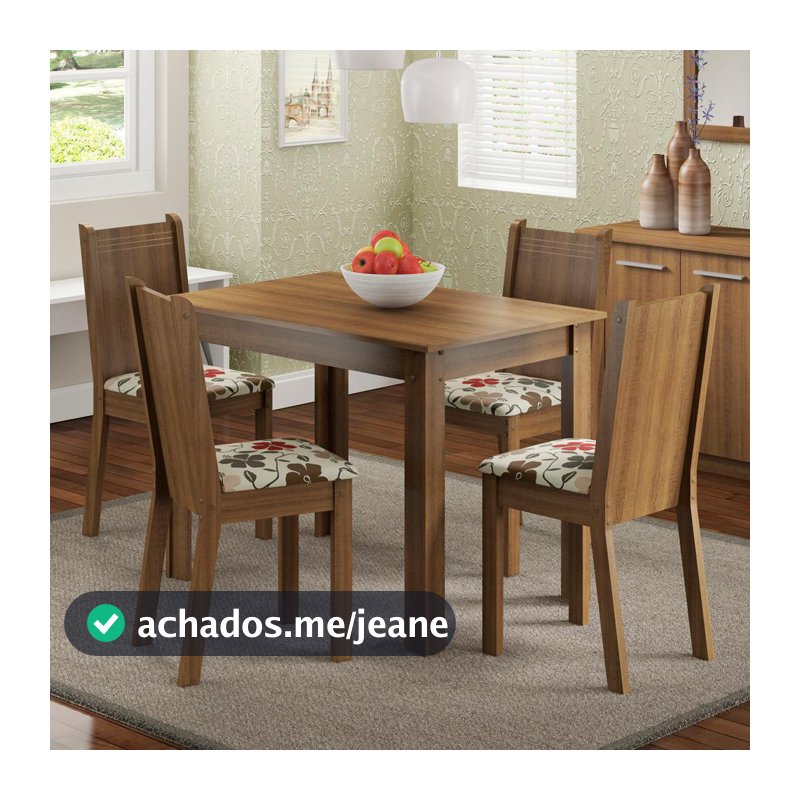 Conjunto Sala de Jantar Madesa Rute Mesa Tampo de Madeira com 4 Cadeiras - Rustic/Hibiscos