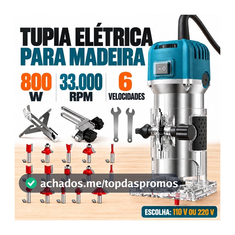 Tupia Laminadora Elétrica 800W 110V/220V para Madeira com 15 Fresas, 6 Velocidades e Base Transparente