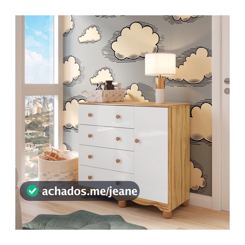 Cômoda Infantil 1 Porta 4 Gavetas 100% MDF Mimo Espresso Móveis Branco Brilho/Amêndoa Branco Brilho/Amêndoa