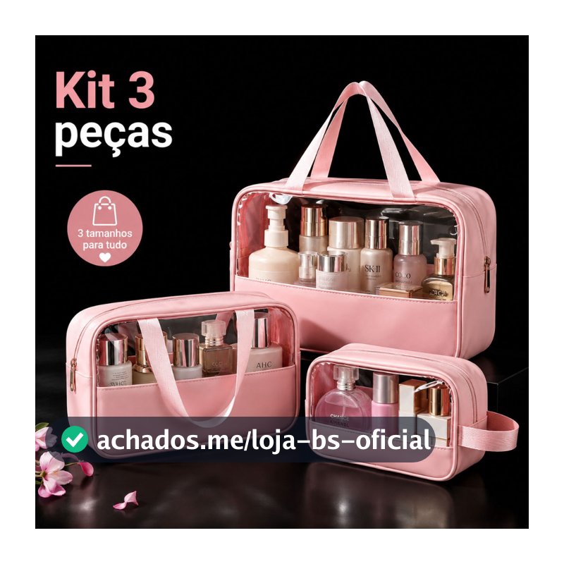 Kit 3 Bolsas Necessaire Feminina PU Transparente Impermeável 3 Tamanhos Maquiagem com Alça para Viagem Hotel Academia