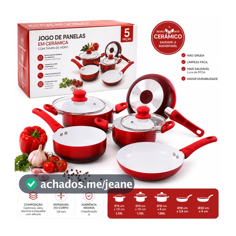 Kit Jogo Panelas Em Cerâmica Tampa De Vidro Frigideira 5 Pçs