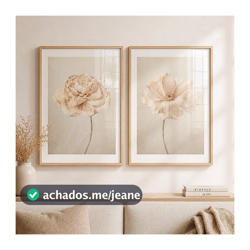Kit 2 Quadros Decorativos Florais Boho Minimalista Tons Nude para Quarto Casal e Sala Com Moldura