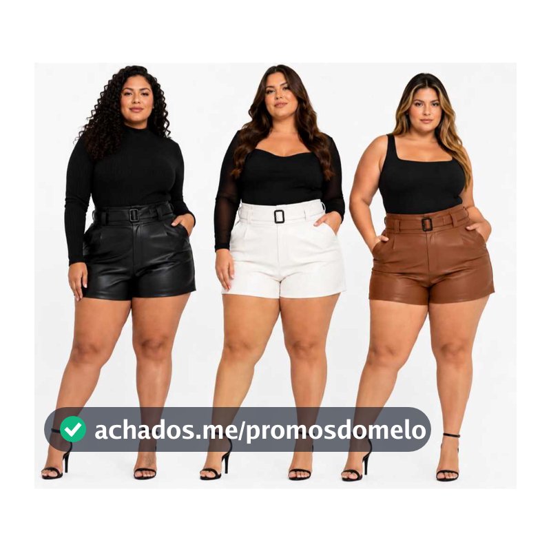 Short Feminino Plus Size  P ao G2 com Cinto Courino Cirrê Short Cintura Alta - PROMOÇÃO