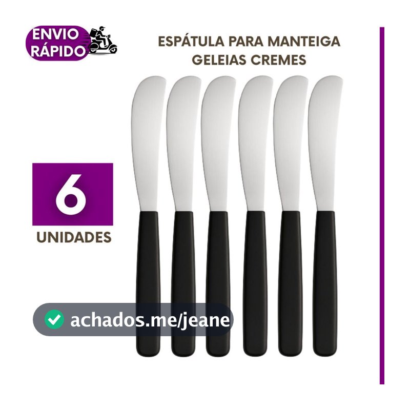 Kit 6 Espátulas Para Manteigas Requeijão Geleias Patês Premium Inox Cabo Preto Pão Café Cozinha