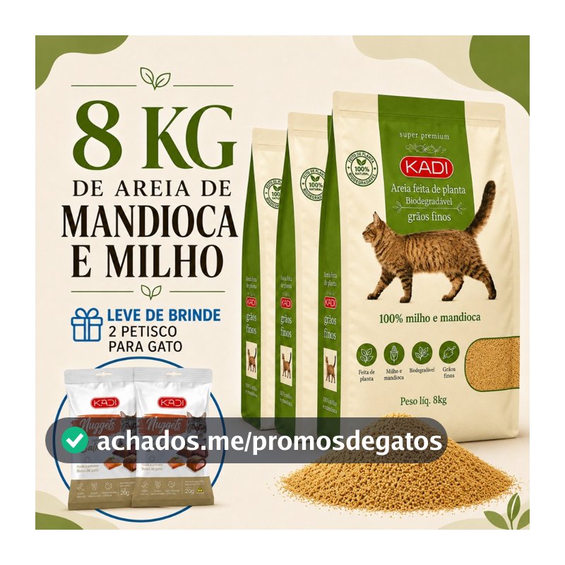 Areia Higiênica Natural Biodegradável de Grãos Finos de Milho e Mandioca para Gatos Kadi 8 kg