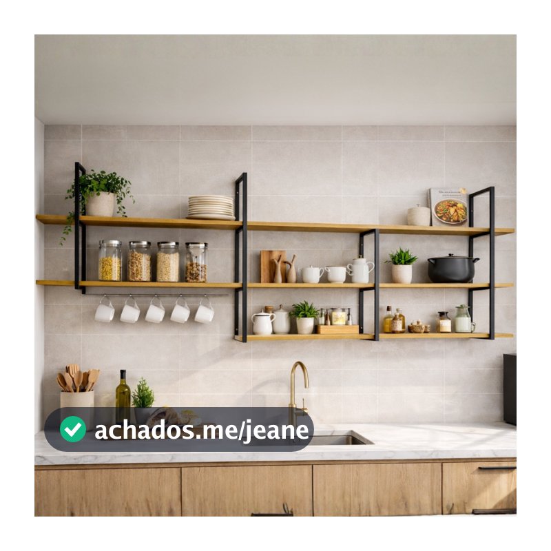 Prateleira Industrial Roma 180x20x70cm Decorativa Suspensa Suporte Metal e Madeira