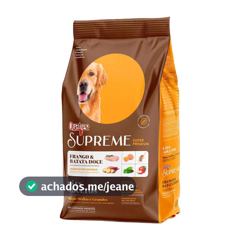 Ração Quatree Supreme para Cães Adultos Raças Médias e Grandes sabor Frango e Batata Doce 15 Kg
