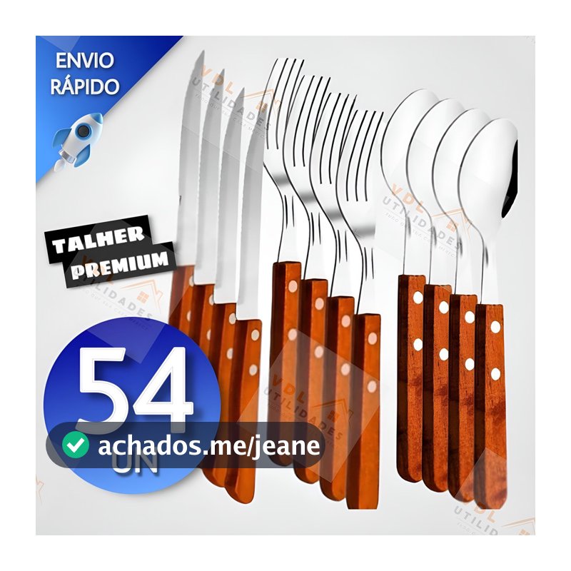 Jogo de Talheres Cabo Madeira 54/36/18 peças Aço Inox Facas Garfos e Colheres de Mesa Casa Para Restaurante