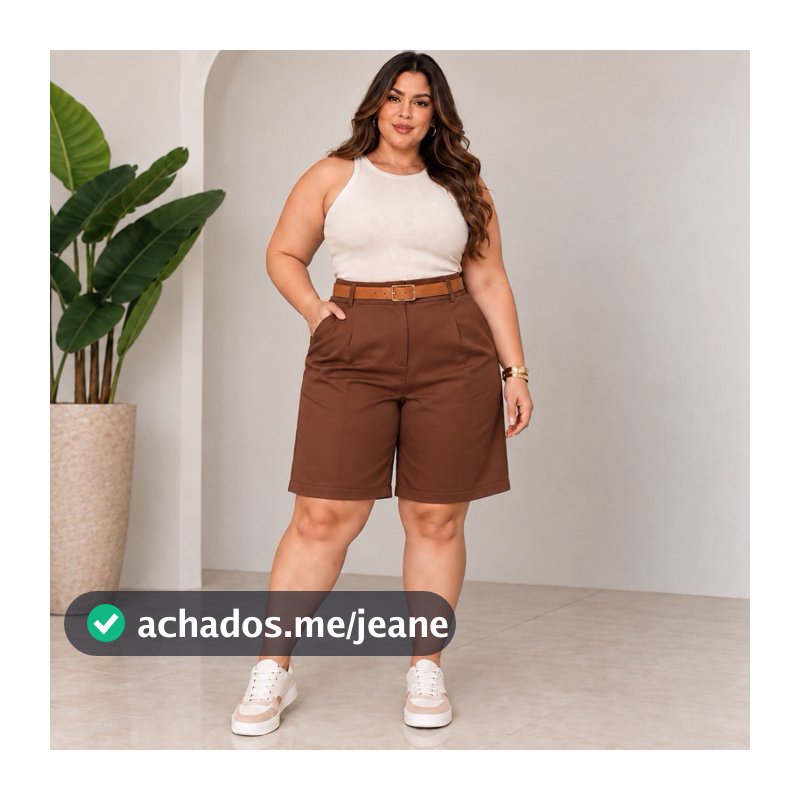Bermuda Feminino Plus Size com CINTO CARAMELO Estilo Social  Com Elástico nas Costas Ciper funcional