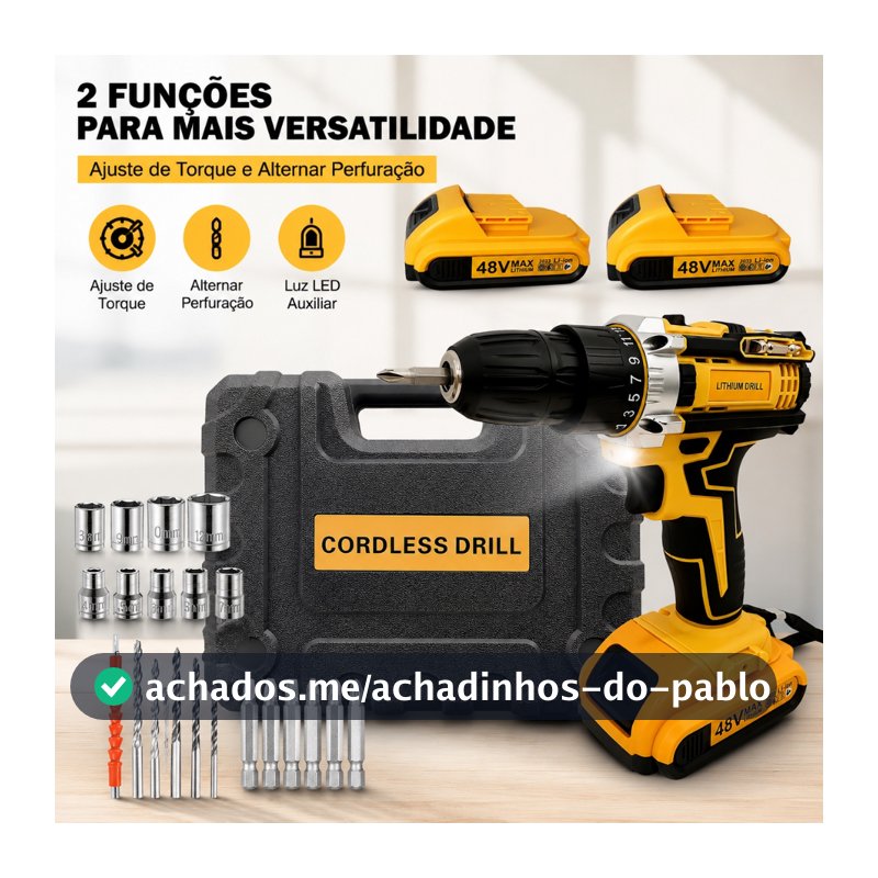 Parafusadeira Furadeira 48V Íon-Lítio Sem Fio, 2 Baterias, Maleta Resistente e Kit Completo de Acessórios