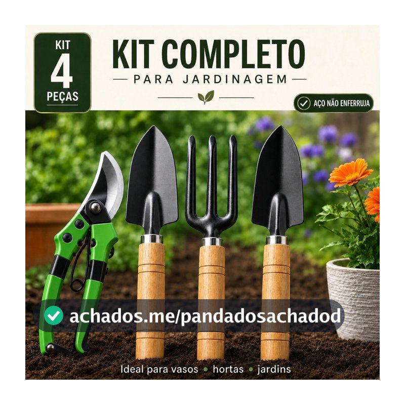 KIT Ferramentas Jardinagem 4 Peças - Tesoura de Poda e KIT jardim para flor plantas areia adubo