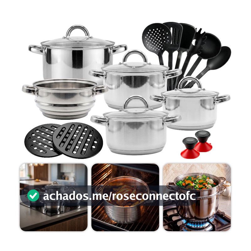 Kit Panelas 19 Peças Inox Genebra Tampa Vidro Temperado Saída Vapor Caçarola Cozi-Vapore Lava-Louças Completo