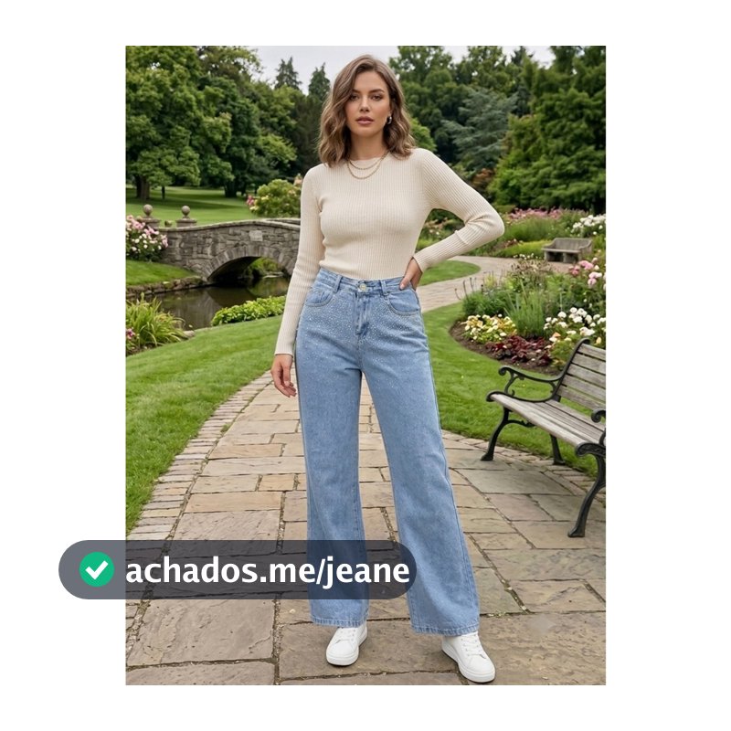 Calça jeans wide leg com brilho modelo novo feminino