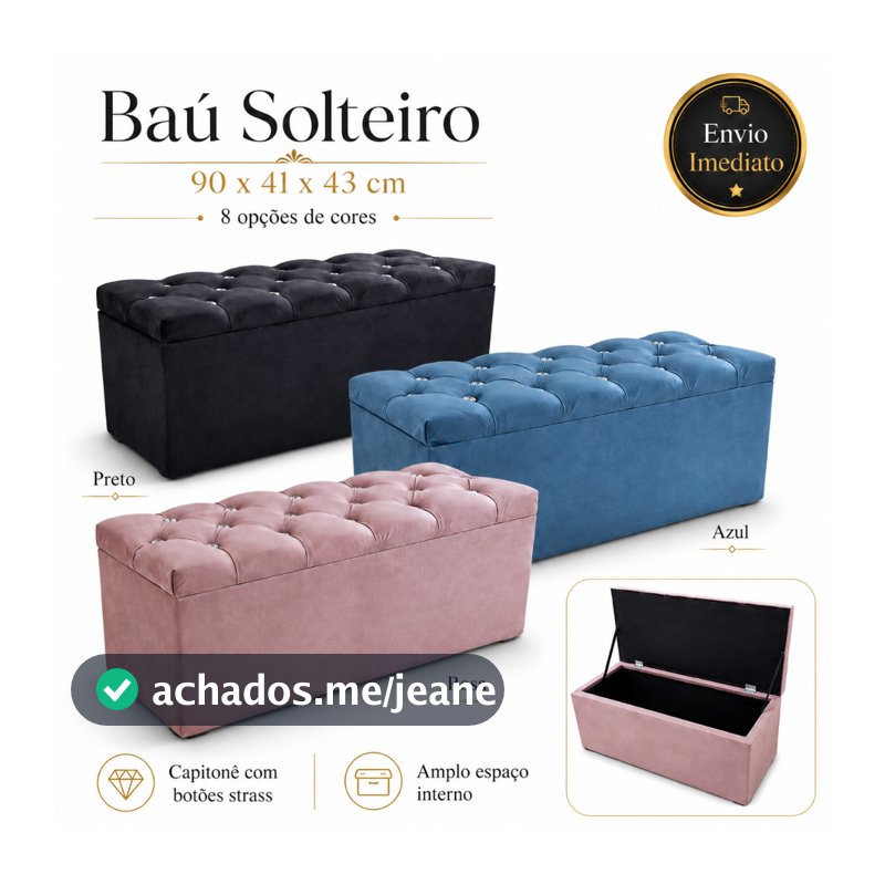 Bau Puff Organizador Solteiro Capitone Botoes Strass 90cm Suede Veludo Varias Cores Envio Imediato