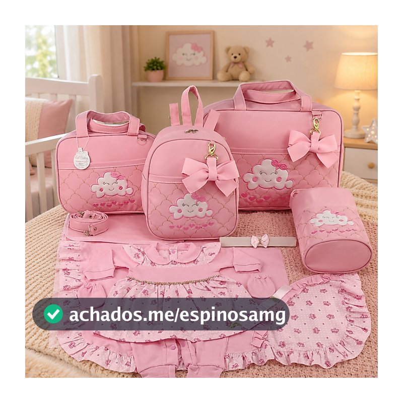 Kit Bolsa Maternidade Menina 5 Peças Nuvem + Saída Maternidade Rosa - Opções Laços de Luxo