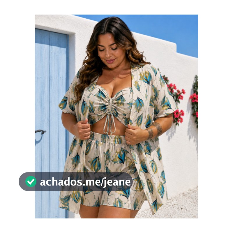 CONJUNTO PLUS SIZE FEMININO SHORT CROPPED KIMONO SAIDA DE PRAIA VERÃO TRIJUNTO 3PEÇAS