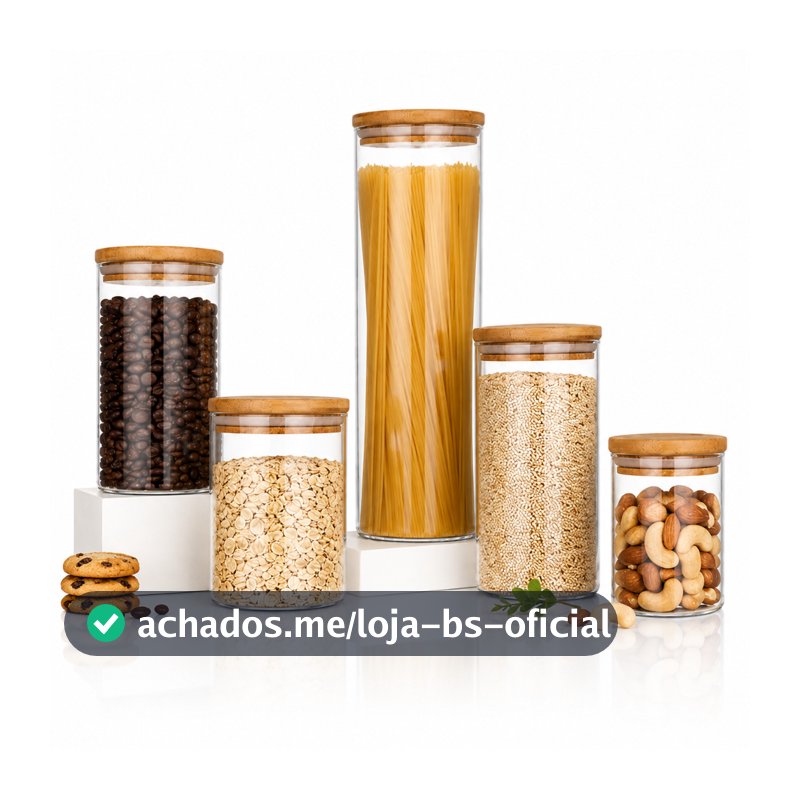 Kit Potes Mantimentos Vidro Herméticos Com Tampa Bambu Alta Resistência Epsilon Transparente