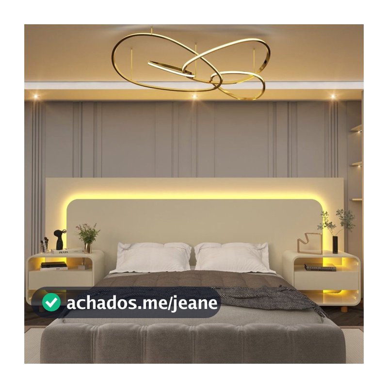 Cabeceira Box Casal com 2 Mesas de Cabeceira com LED Innova 100% MDF Branco Off White