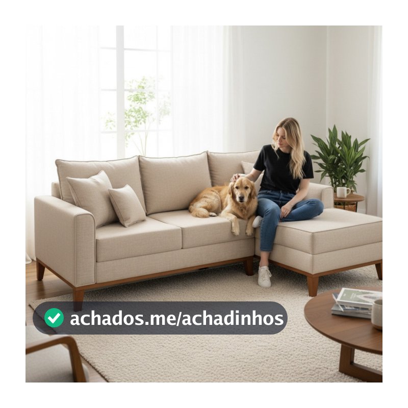 Sofá 3 Lugares Beny com Chaise Direito Linho Bege