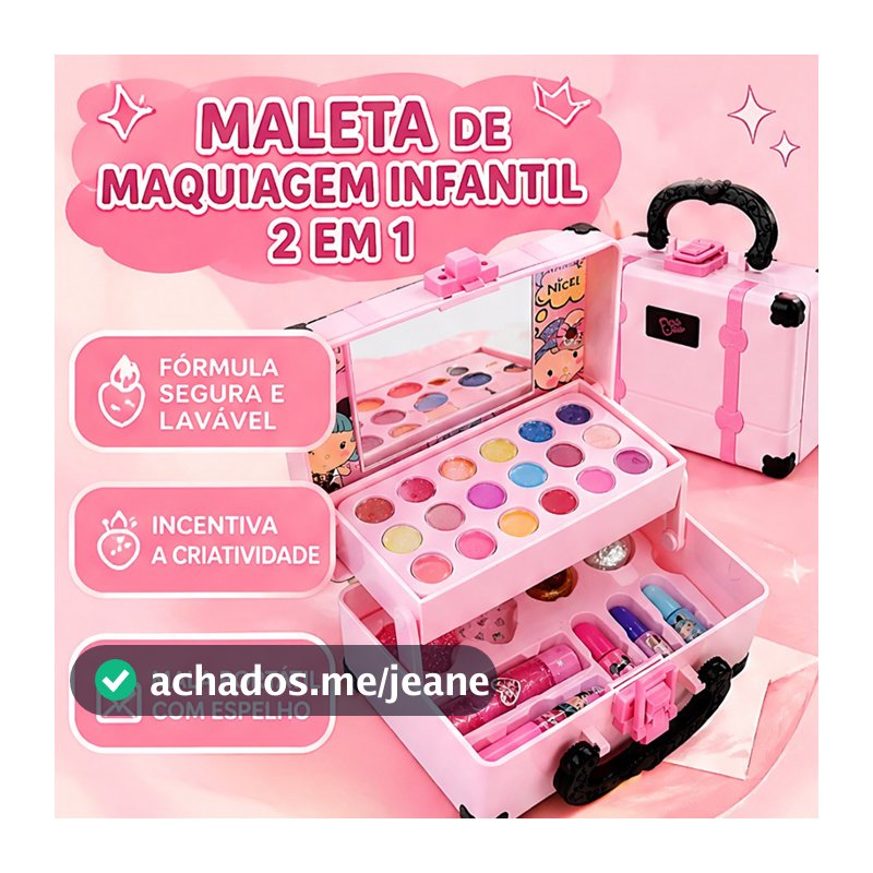 Kit Beleza Infantil Maleta Portátil Com Espelho, Maquiagem E Manicure Não Tóxico Presente Aniversário Criança