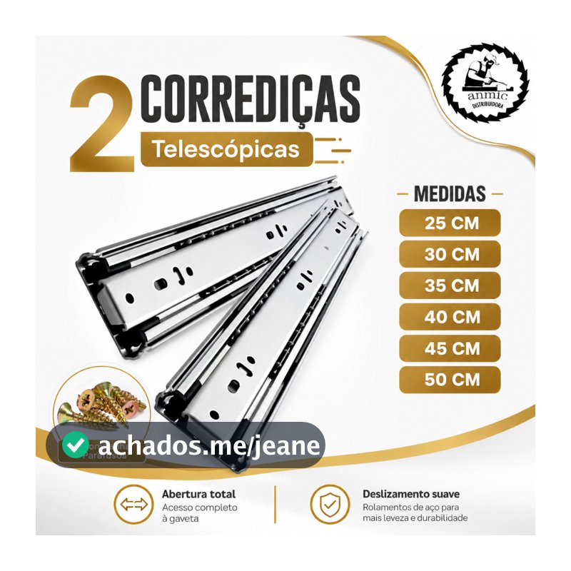 Kit Par Corrediça Telescopica Para Gaveta Armario Trilho Light 25cm 30cm 35cm 40cm 45cm 50cm Parafuso