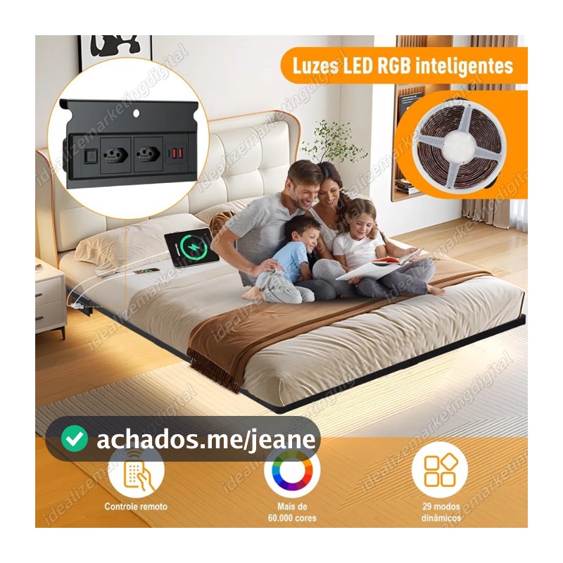 Estrutura De Cama De Metal Flutuante Casal C/tomada+rgb Led Preto Hot Wheels 190 × 138 × 20CM