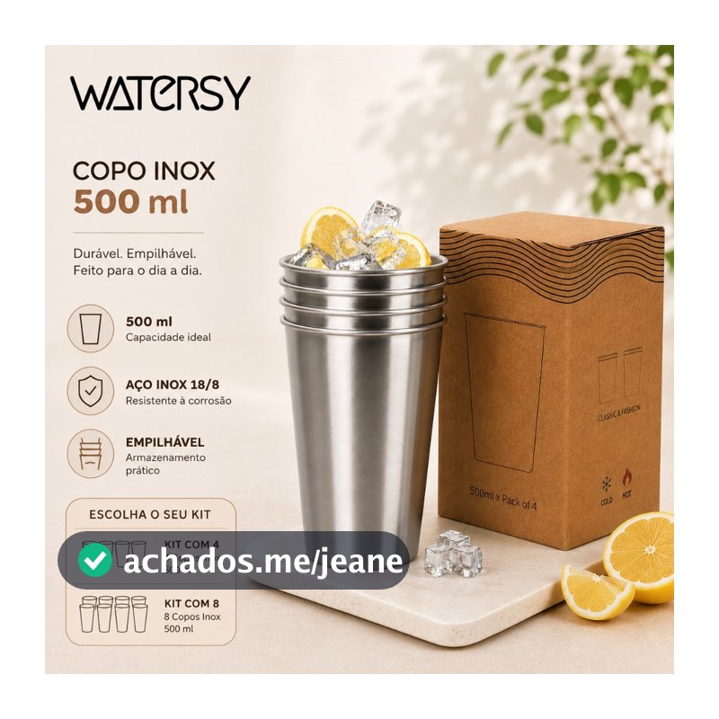 WATERSY Kit Copo de Aço Inox 18/8 500ml Empilhável para Bebidas Quentes e Frias