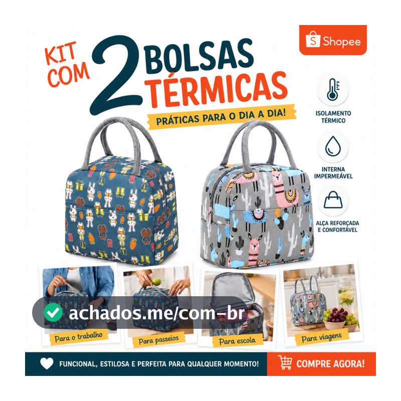 Kit com 2 bolsa térmica unissex estampada, para marmita, lanches, bebidas, bolsa impermeavel para piquenique,marmita
