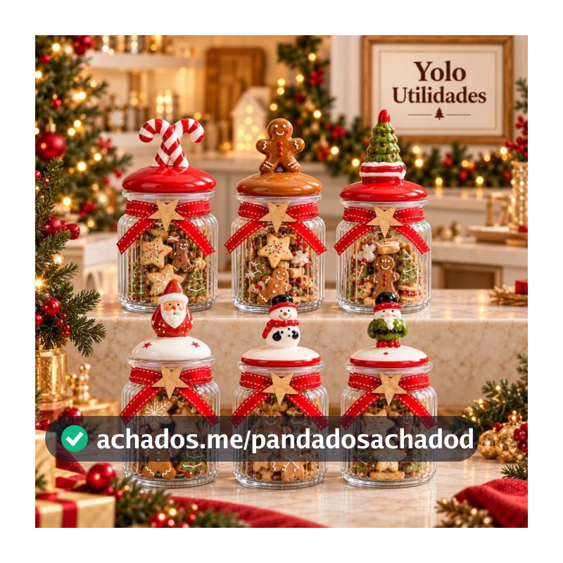Potes de Vidro Natalinos 300mL - Porta Mini Biscoitos Porta Doces Bomboniere Decoração de Natal com Tampa Decorada