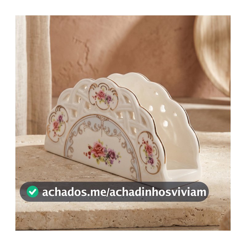 Porta Guardanapo Porcelana New Bone Rosas Floral Vazado Borda Ouro Mon Cheri Mesa Posta Colonial 13c