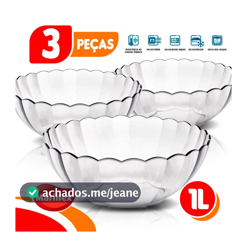 KIT 3 Tigelas Saladeira Bella Bowl Marinex 1L Vidro Sobremesa Forno Micro-ondas Multiuso Culinária