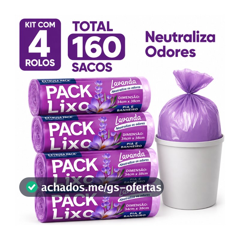 Saco de Lixo Lavanda Perfumado 34x38cm 3kg para Pia e Banheiro Neutraliza Odores Kit 40 80 120 ou 160 Sacos