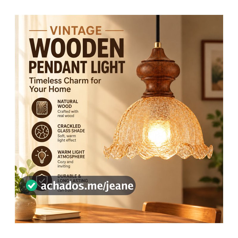Luminária Pendente Vintage De Madeira Natural E Vidro Craquelado Lustre Sala Jantar Cozinha Lustre Quarto
